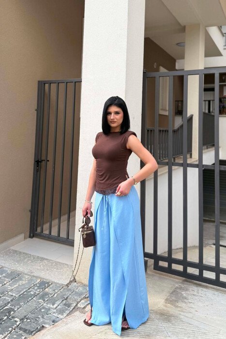PANTALLONA ME BEL ELASTIK PER FEMRA NE NGJYRE BABY BLU - KLAUDIO FASHION