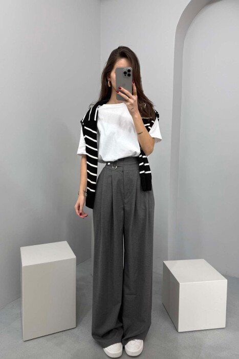 ELASTIC WAIST BELTED WOMEN TROUSERS DARK GREY/GEE - KLAUDIO FASHION