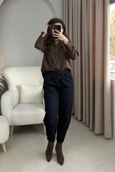 ELASTIC WAIST DENIM WOMEN TROUSERS DARK BLUE/BEE - 2