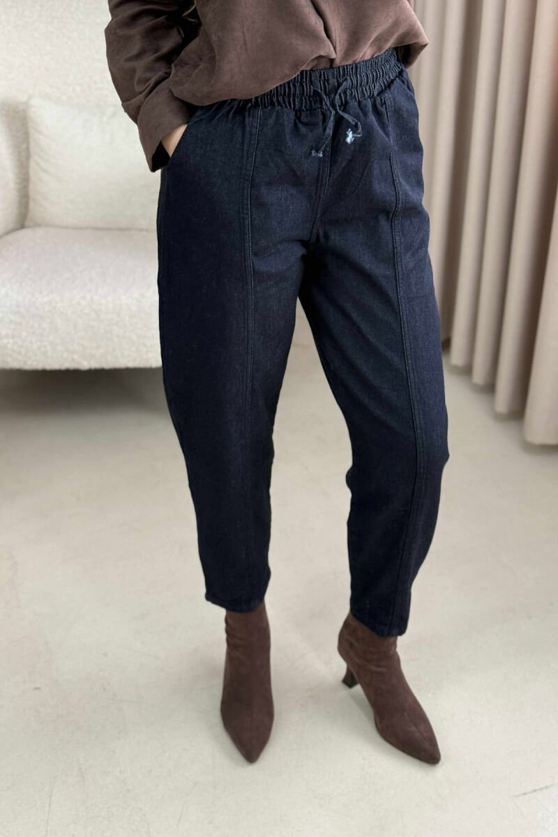 ELASTIC WAIST DENIM WOMEN TROUSERS DARK BLUE/BEE - 3
