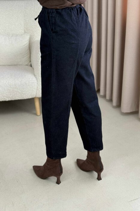 ELASTIC WAIST DENIM WOMEN TROUSERS DARK BLUE/BEE - 4