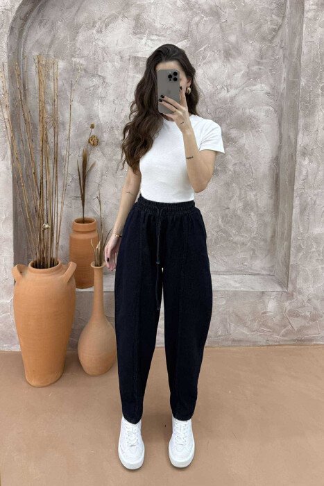 ELASTIC WAIST DENIM WOMEN TROUSERS DARK BLUE/BEE - 9