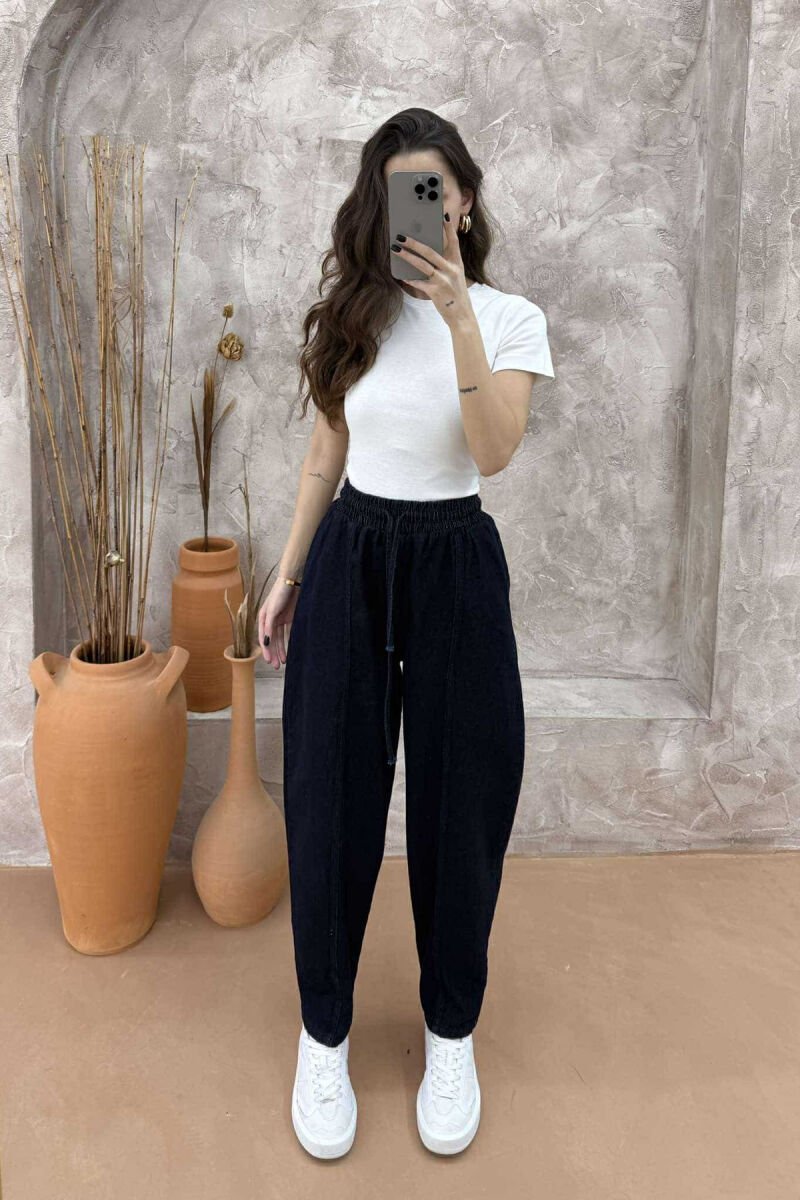 ELASTIC WAIST DENIM WOMEN TROUSERS DARK BLUE/BEE - 9