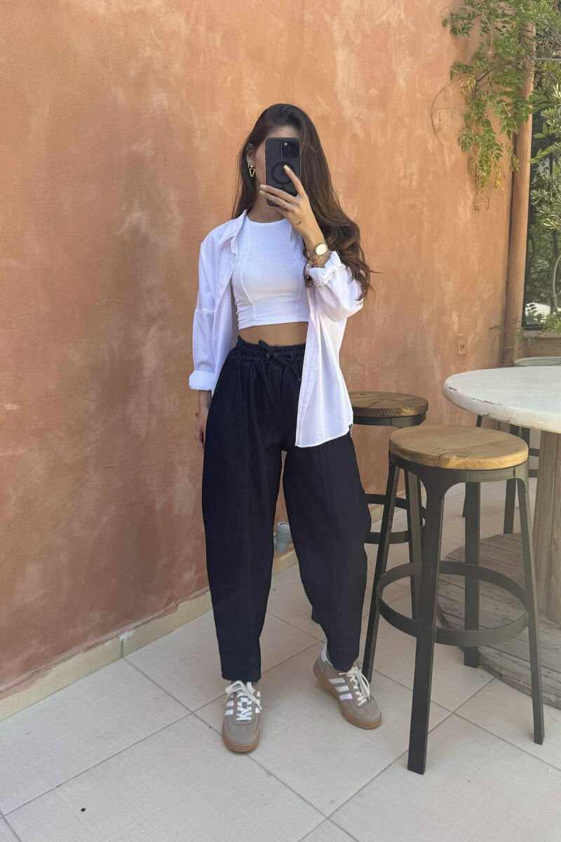 ELASTIC WAIST DENIM WOMEN TROUSERS DARK BLUE/BEE - 7