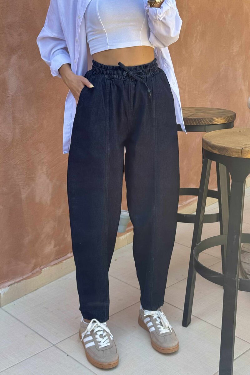 ELASTIC WAIST DENIM WOMEN TROUSERS DARK BLUE/BEE - 8