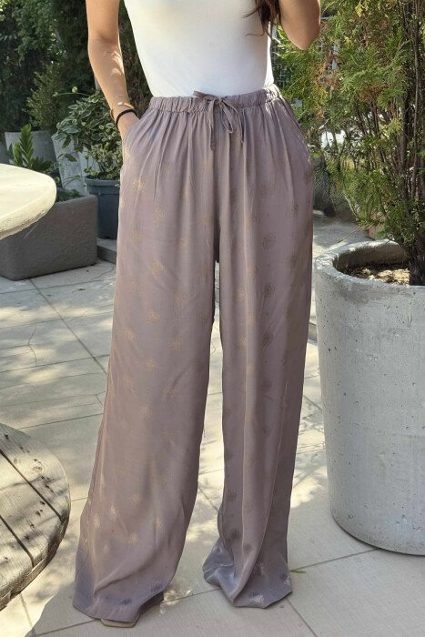 ELASTIC WAIST LACINGS DESIGNED WOMEN TROUSERS LIGHT BROWN/KAZB - KLAUDIO FASHION