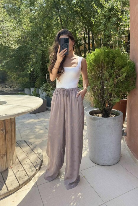 ELASTIC WAIST LACINGS DESIGNED WOMEN TROUSERS LIGHT BROWN/KAZB - 3