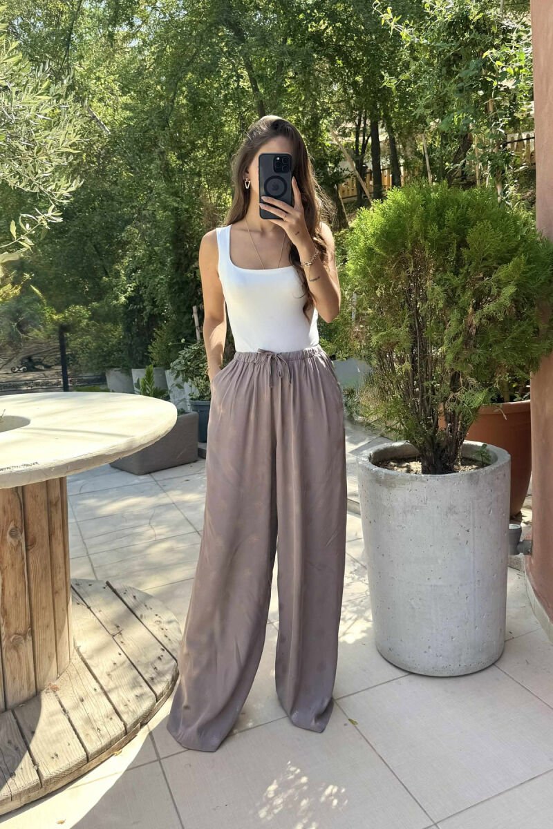 ELASTIC WAIST LACINGS DESIGNED WOMEN TROUSERS LIGHT BROWN/KAZB - 2