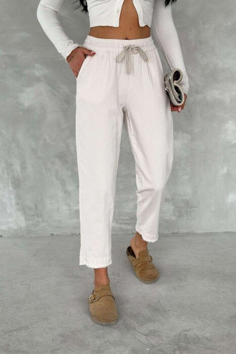 ELASTIC WAIST LACINGS ONE COLOR WOMEN TROUSERS CREAM/KREM - 1