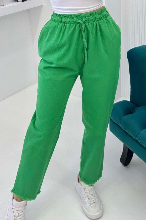 ELASTIC WAIST LACINGS ONE COLOR WOMEN TROUSERS LIGHT GREEN/JEZB - 2