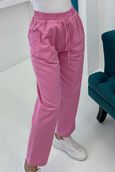 ELASTIC WAIST LACINGS ONE COLOR WOMEN TROUSERS PINK/ROZE - 2