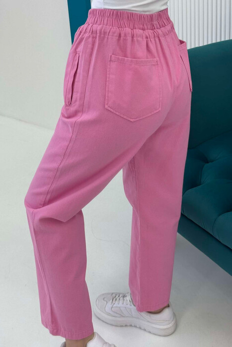 ELASTIC WAIST LACINGS ONE COLOR WOMEN TROUSERS PINK/ROZE - 3
