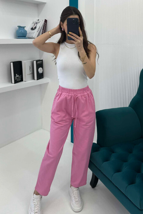 ELASTIC WAIST LACINGS ONE COLOR WOMEN TROUSERS PINK/ROZE - 4
