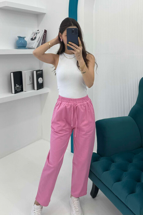 ELASTIC WAIST LACINGS ONE COLOR WOMEN TROUSERS PINK/ROZE - 5