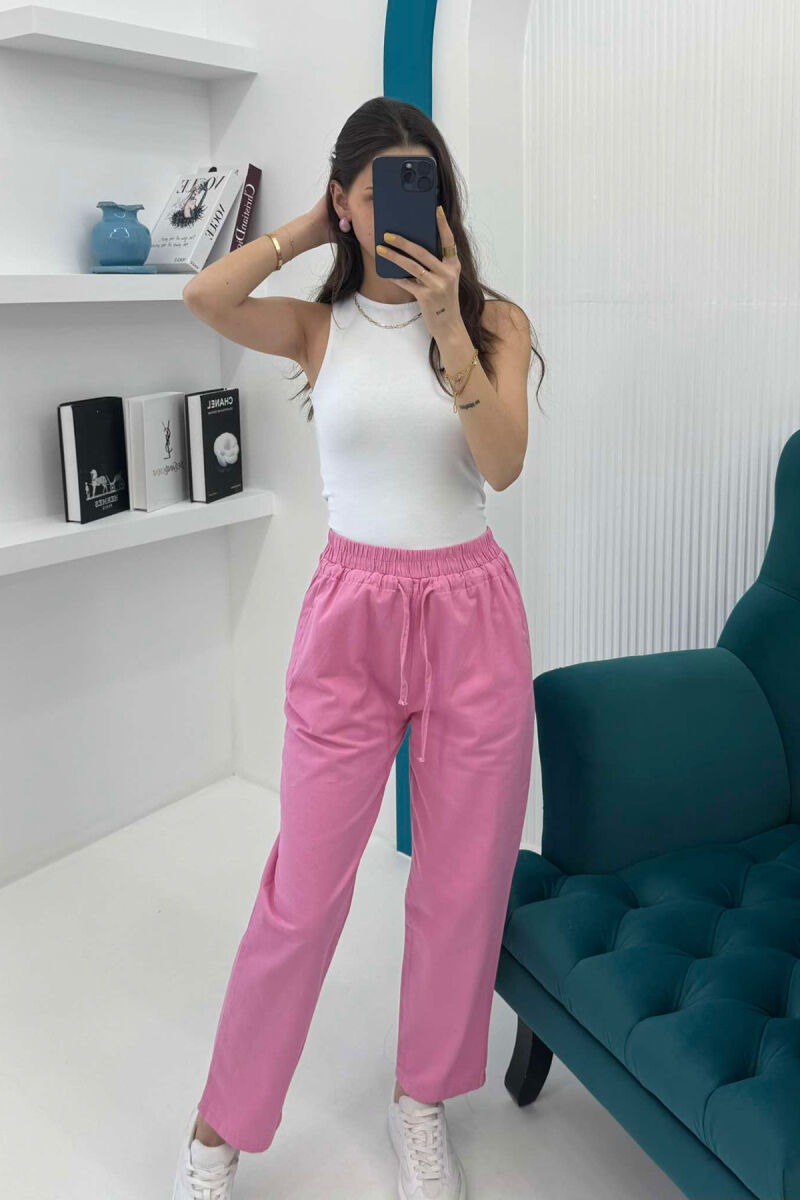 ELASTIC WAIST LACINGS ONE COLOR WOMEN TROUSERS PINK/ROZE - 5