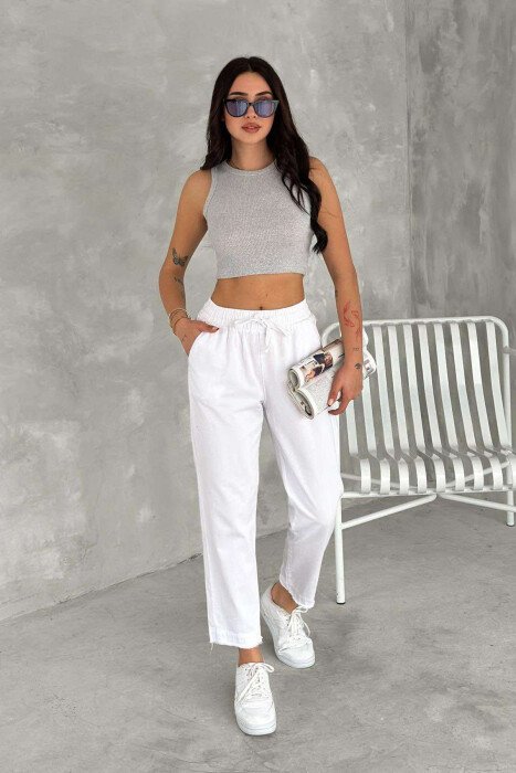 ELASTIC WAIST LACINGS ONE COLOR WOMEN TROUSERS WHITE-E BARDHE - 2