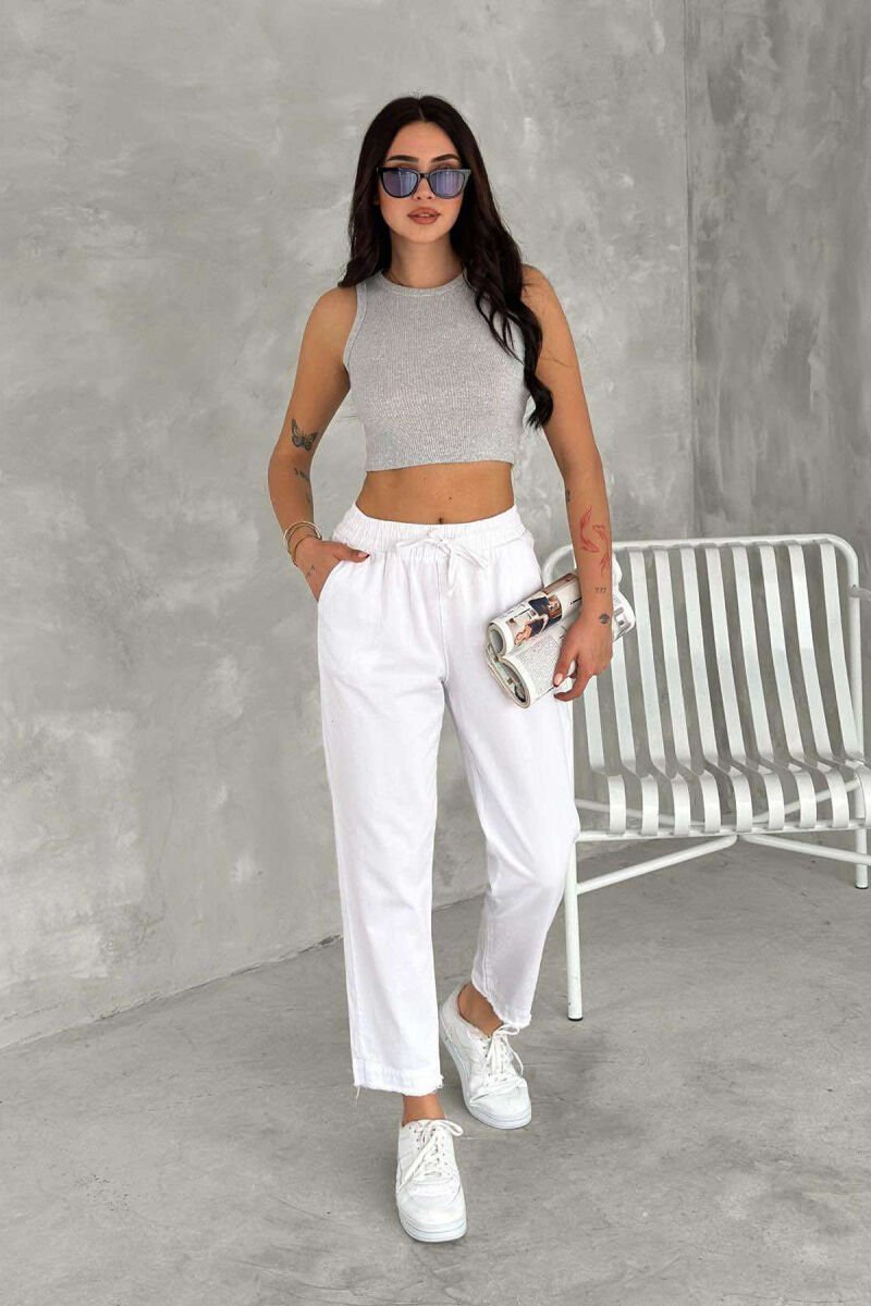 ELASTIC WAIST LACINGS ONE COLOR WOMEN TROUSERS WHITE-E BARDHE - 2