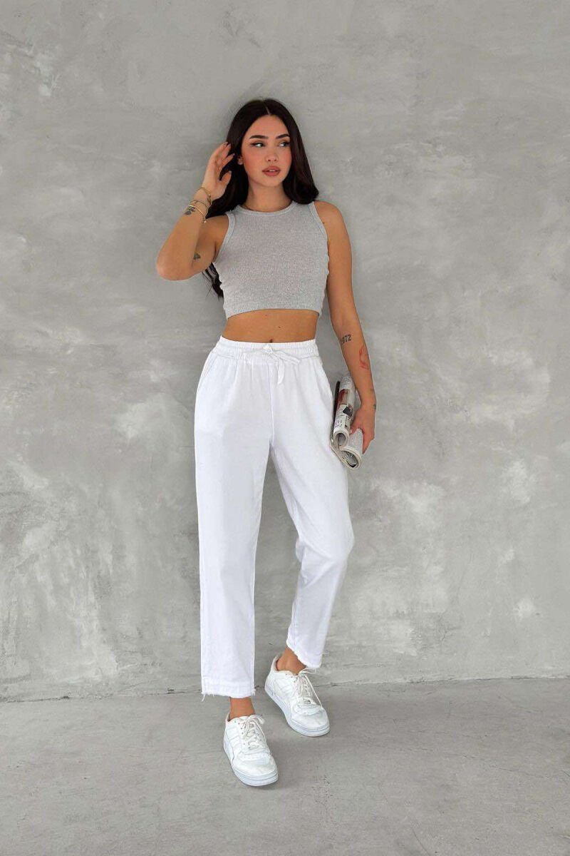 ELASTIC WAIST LACINGS ONE COLOR WOMEN TROUSERS WHITE-E BARDHE - 3