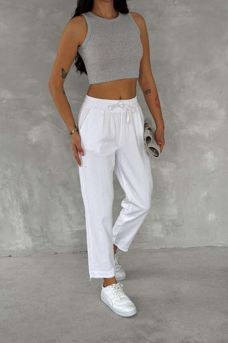 ELASTIC WAIST LACINGS ONE COLOR WOMEN TROUSERS WHITE-E BARDHE - 4