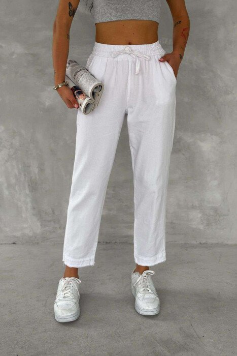 ELASTIC WAIST LACINGS ONE COLOR WOMEN TROUSERS WHITE-E BARDHE - KLAUDIO FASHION