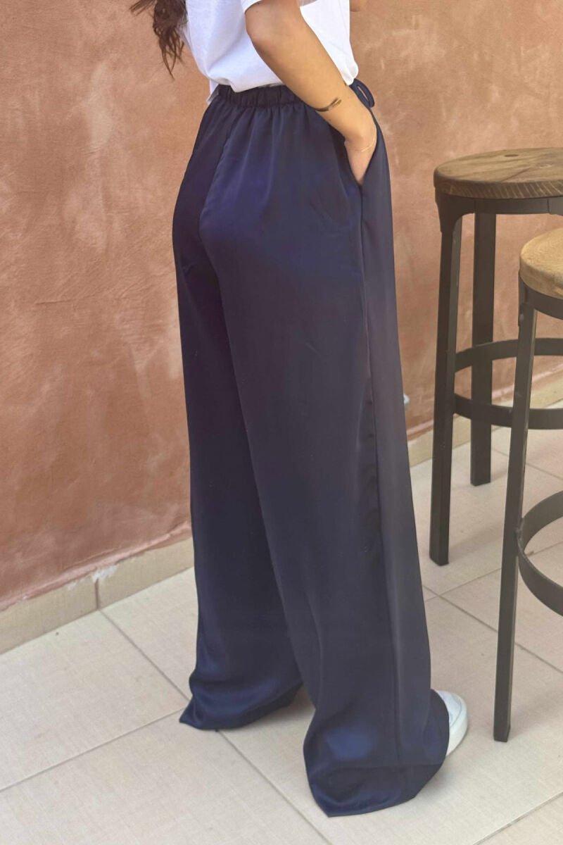 ELASTIC WAIST LACINGS SATIN WOMEN TROUSERS DARK BLUE/BEE - 4