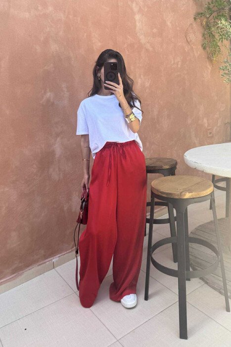 ELASTIC WAIST LACINGS SATIN WOMEN TROUSERS RED/E KUQE - 3