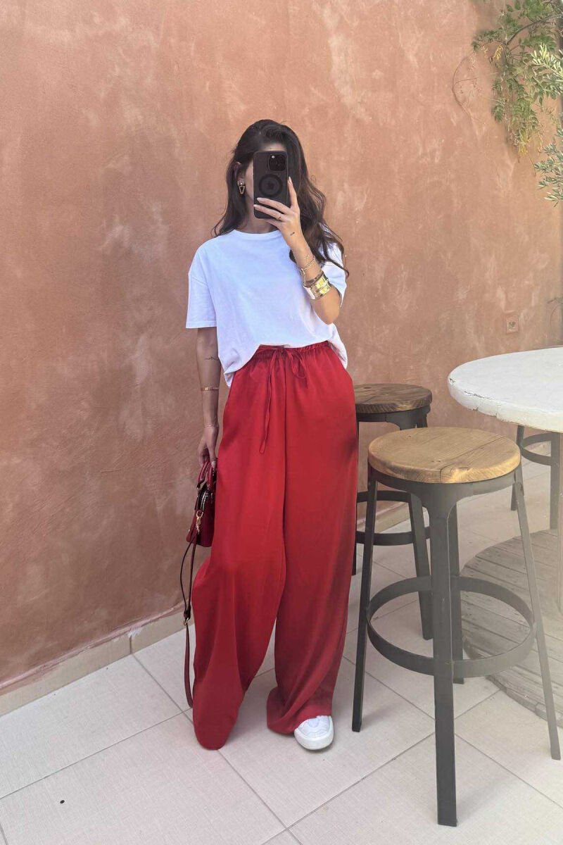 ELASTIC WAIST LACINGS SATIN WOMEN TROUSERS RED/E KUQE - 3