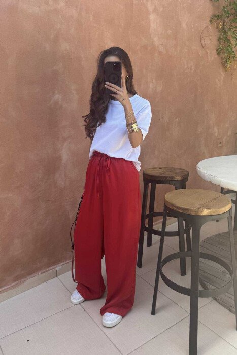ELASTIC WAIST LACINGS SATIN WOMEN TROUSERS RED/E KUQE - 4