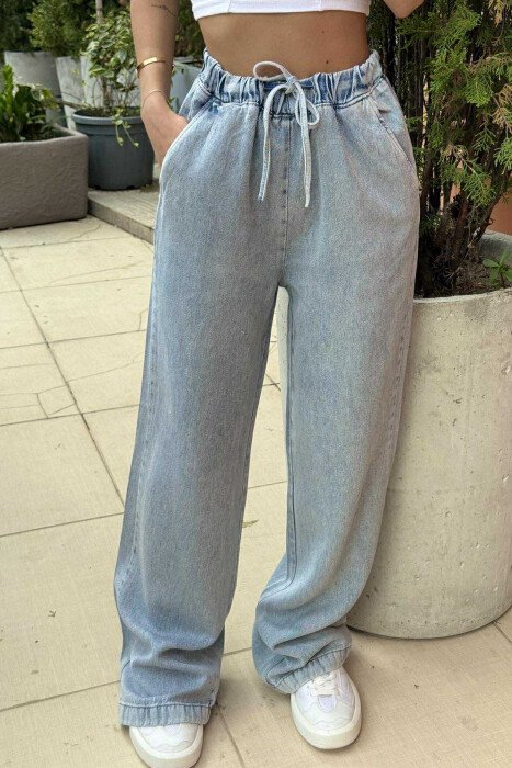 ELASTIC WAIST LACINGS SIMPLE WOMEN JEANS LIGHTBLUE/BZ - 