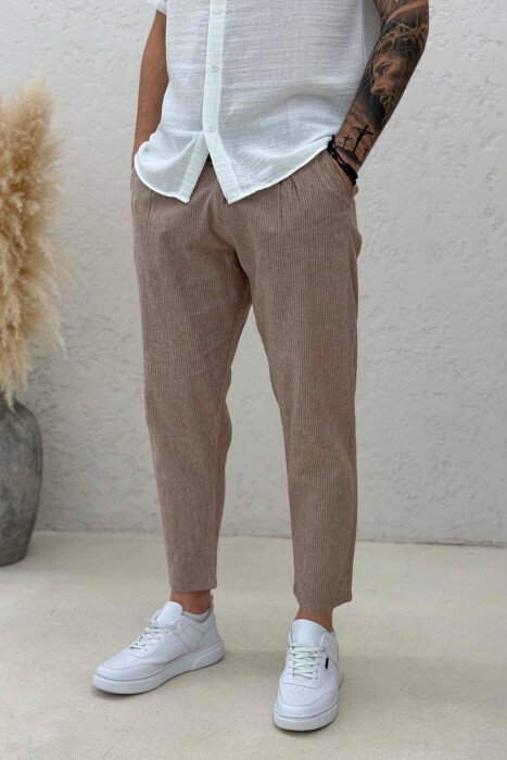 ELASTIC WAIST LACINGS STRIPED MEN PANTS BEIGE/BEZHE - 2