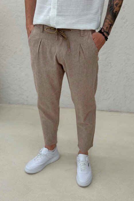 ELASTIC WAIST LACINGS STRIPED MEN PANTS BEIGE/BEZHE - 4