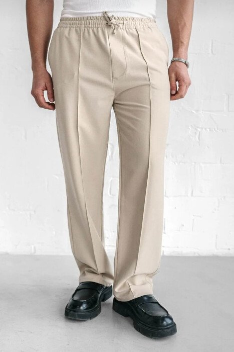 ELASTIC WAIST LACINGS WIDE LEG MEN PANTS BEIGE/BEZHE - 1