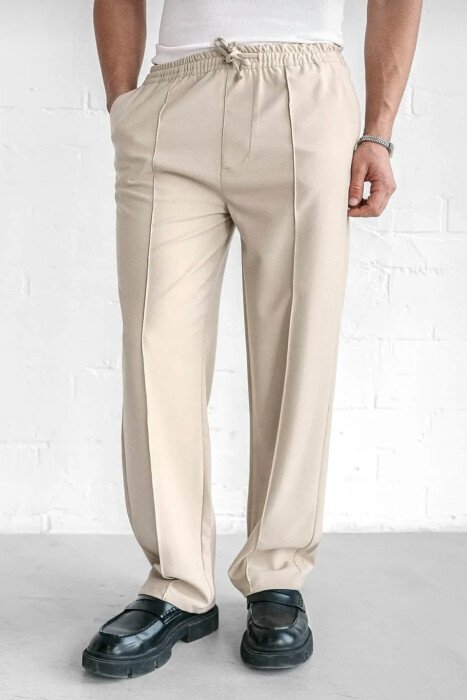 ELASTIC WAIST LACINGS WIDE LEG MEN PANTS BEIGE/BEZHE - 3