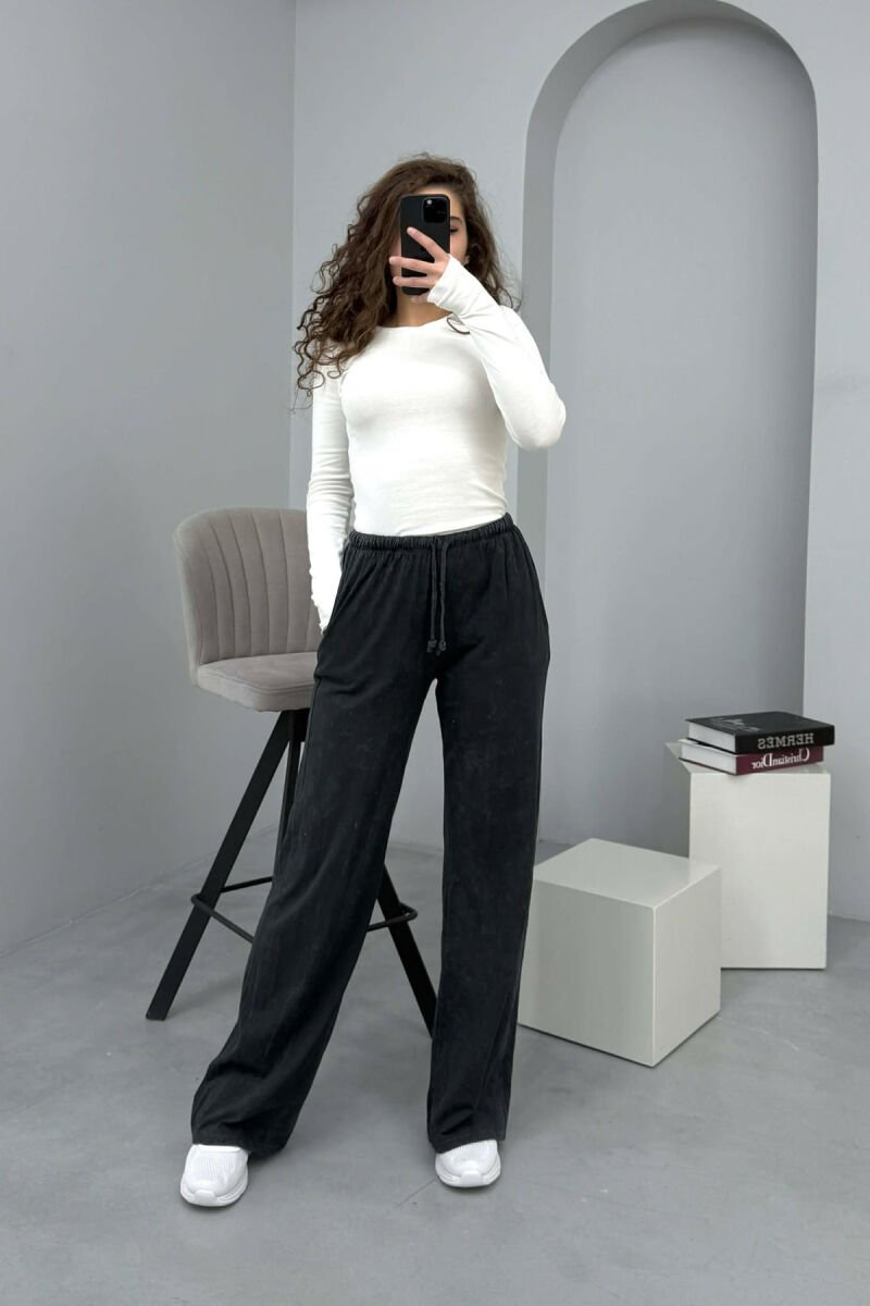 ELASTIC WAIST LACINGS WIDE LEG WOMEN TROUSERS DARK GREY/GEE - 2