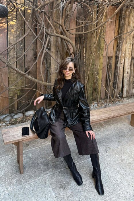 ELASTIC WAIST LEATHER ONE COLOR WOMEN JACKET BLACK/ E ZEZE - 6