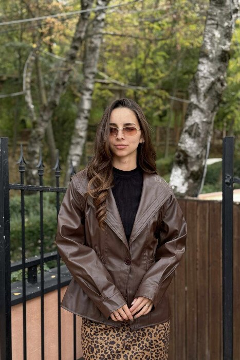 ELASTIC WAIST LEATHER ONE COLOR WOMEN JACKET BROWN/KAFE - 11