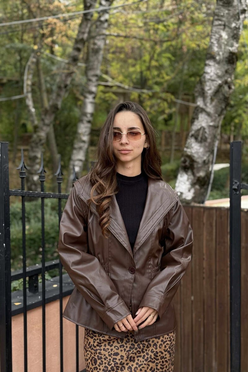ELASTIC WAIST LEATHER ONE COLOR WOMEN JACKET BROWN/KAFE - 11