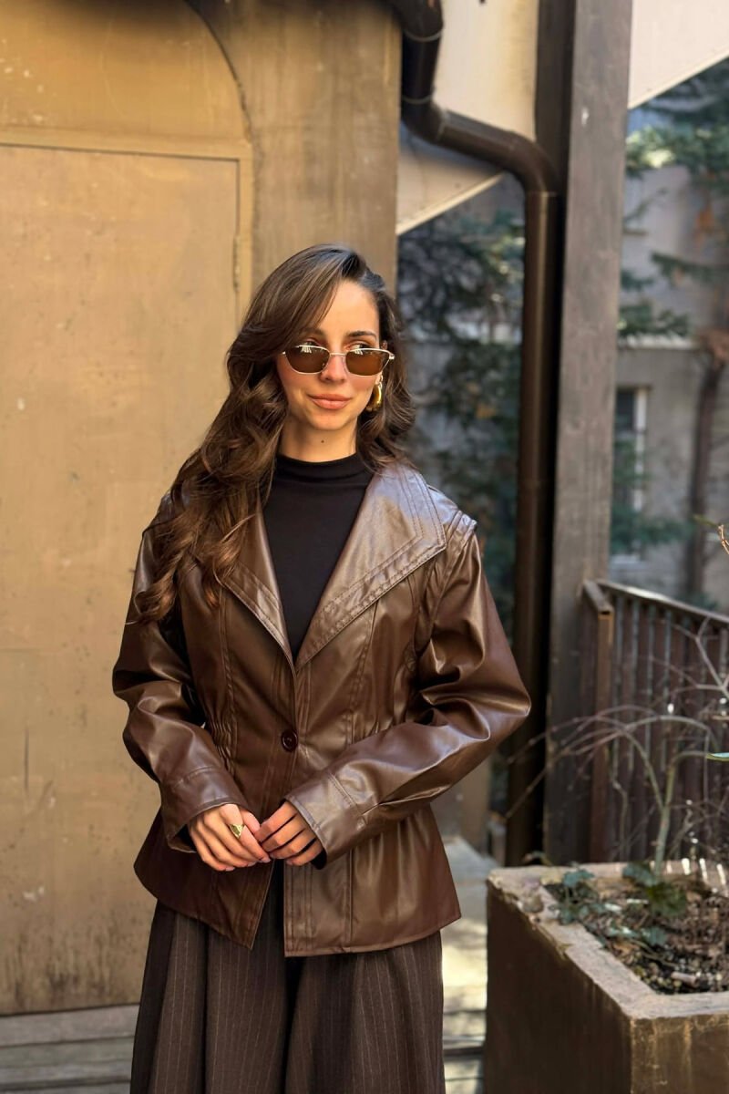 ELASTIC WAIST LEATHER ONE COLOR WOMEN JACKET BROWN/KAFE - 4