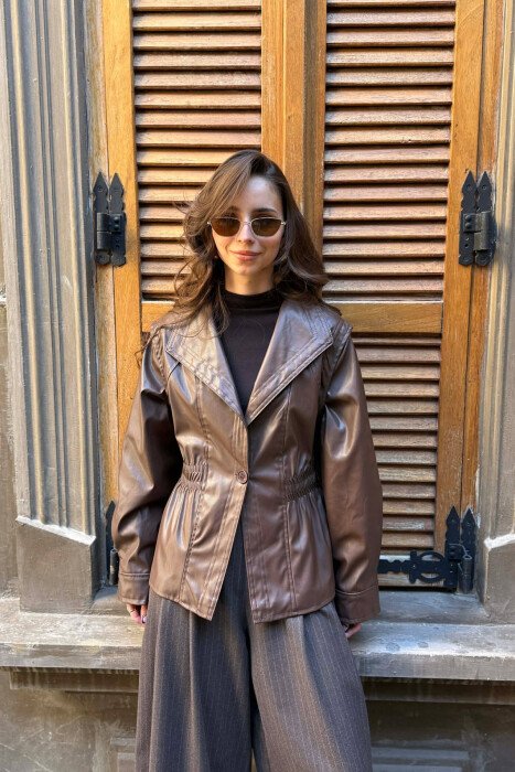 ELASTIC WAIST LEATHER ONE COLOR WOMEN JACKET BROWN/KAFE - 8