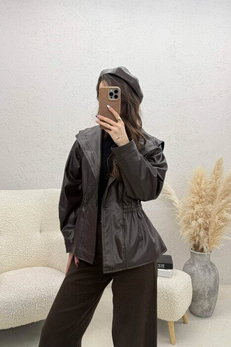 ELASTIC WAIST LEATHER ONE COLOR WOMEN JACKET DARK BROWN/KAE - 1