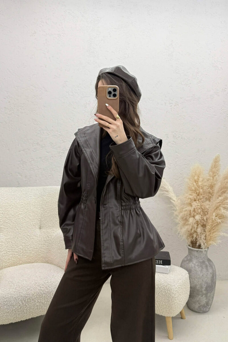ELASTIC WAIST LEATHER ONE COLOR WOMEN JACKET DARK BROWN/KAE - 1