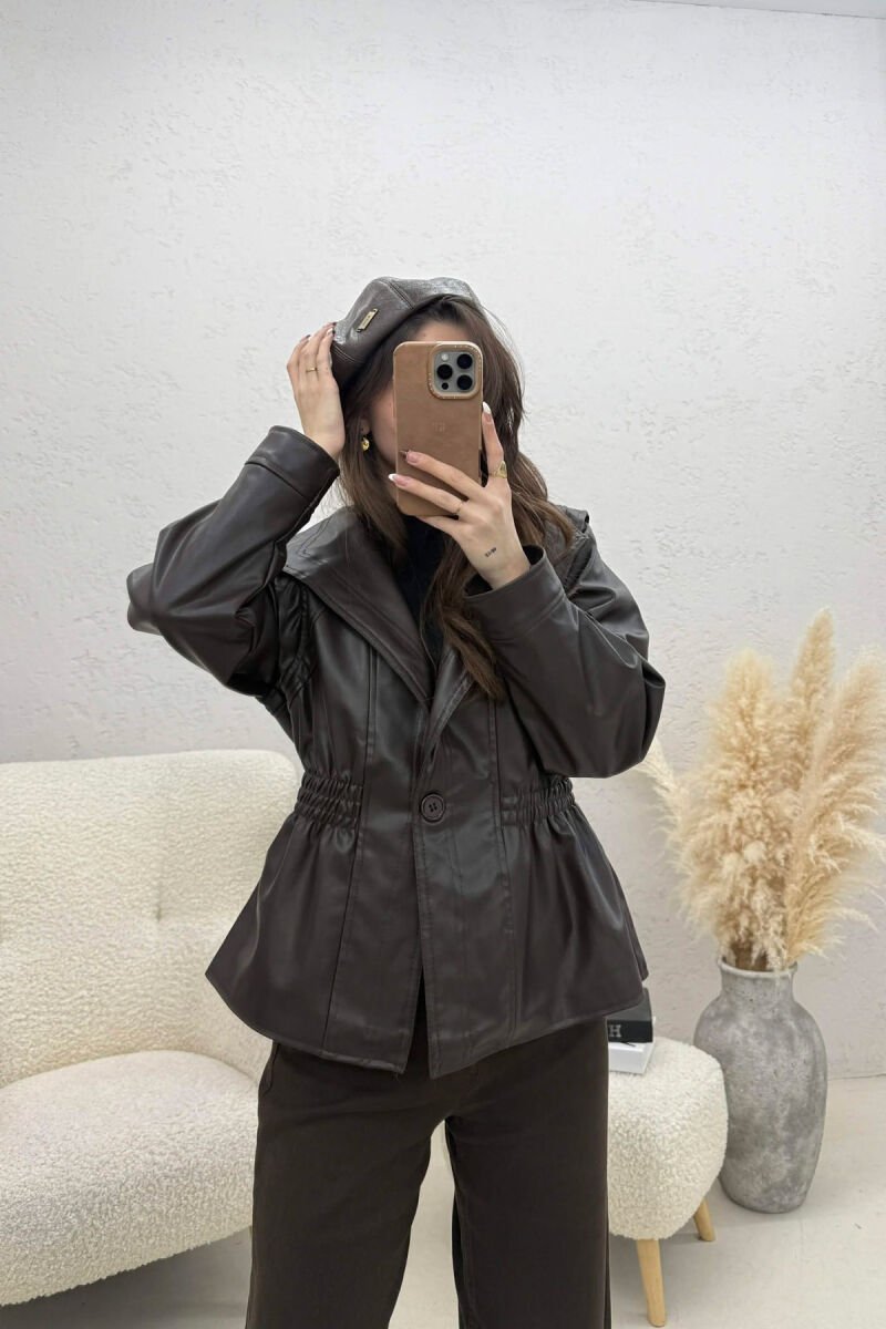 ELASTIC WAIST LEATHER ONE COLOR WOMEN JACKET DARK BROWN/KAE - 2