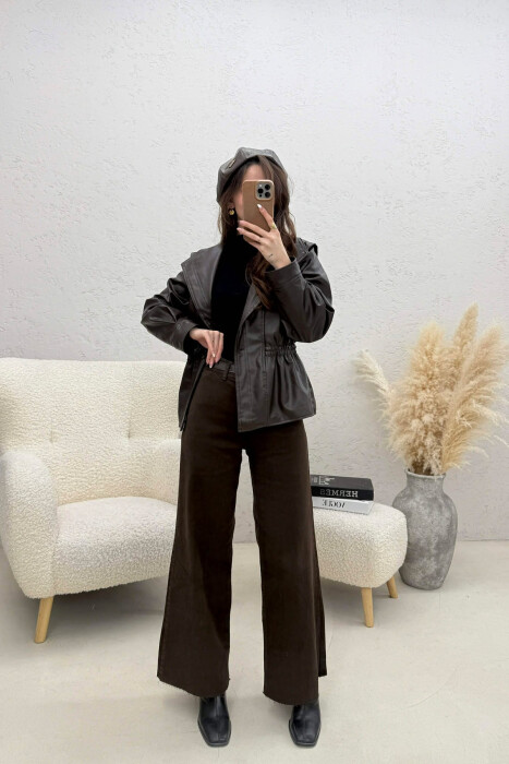 ELASTIC WAIST LEATHER ONE COLOR WOMEN JACKET DARK BROWN/KAE - 4