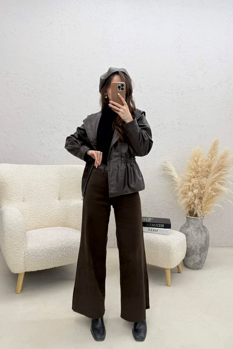 ELASTIC WAIST LEATHER ONE COLOR WOMEN JACKET DARK BROWN/KAE - 4