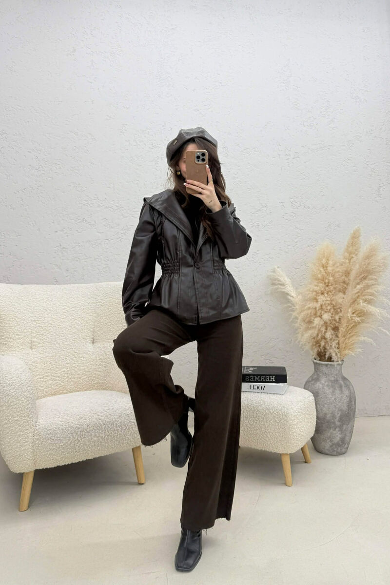 ELASTIC WAIST LEATHER ONE COLOR WOMEN JACKET DARK BROWN/KAE - 5