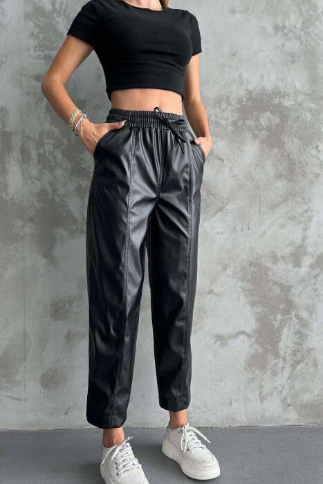 ELASTIC WAIST LEATHER WOMEN TROUSERS BLACK/ E ZEZE - KLAUDIO FASHION