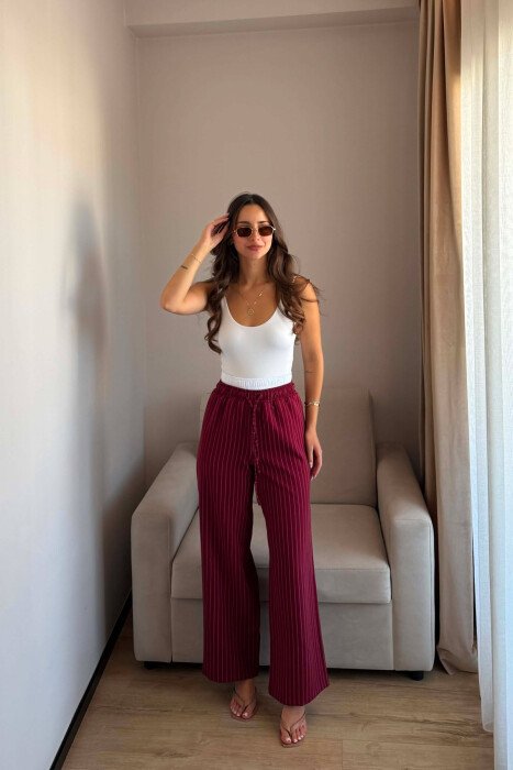 ELASTIC WAIST LINES WOMAN TROUSERS CHERRY/ QERSHI - KLAUDIO FASHION