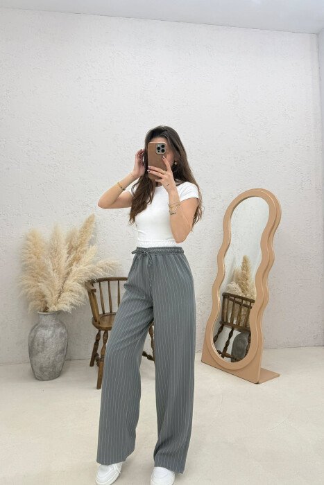 PANTALLONA ME VIJA DHE BEL ELASTIK PER FEMRA NE NGJYRE GRI - KLAUDIO FASHION