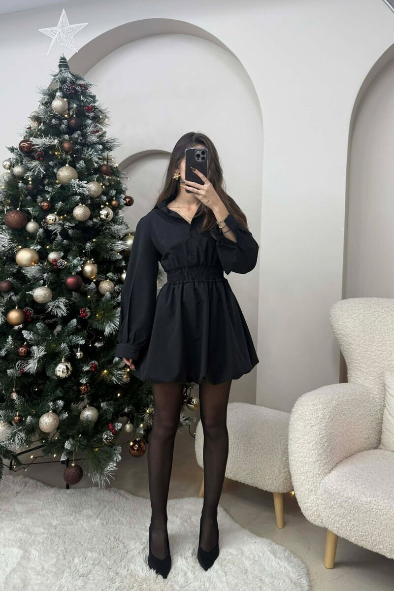 ELASTIC WAIST LONG SLEEVES SHORT WOMEN DRESS BLACK/ E ZEZE - 1