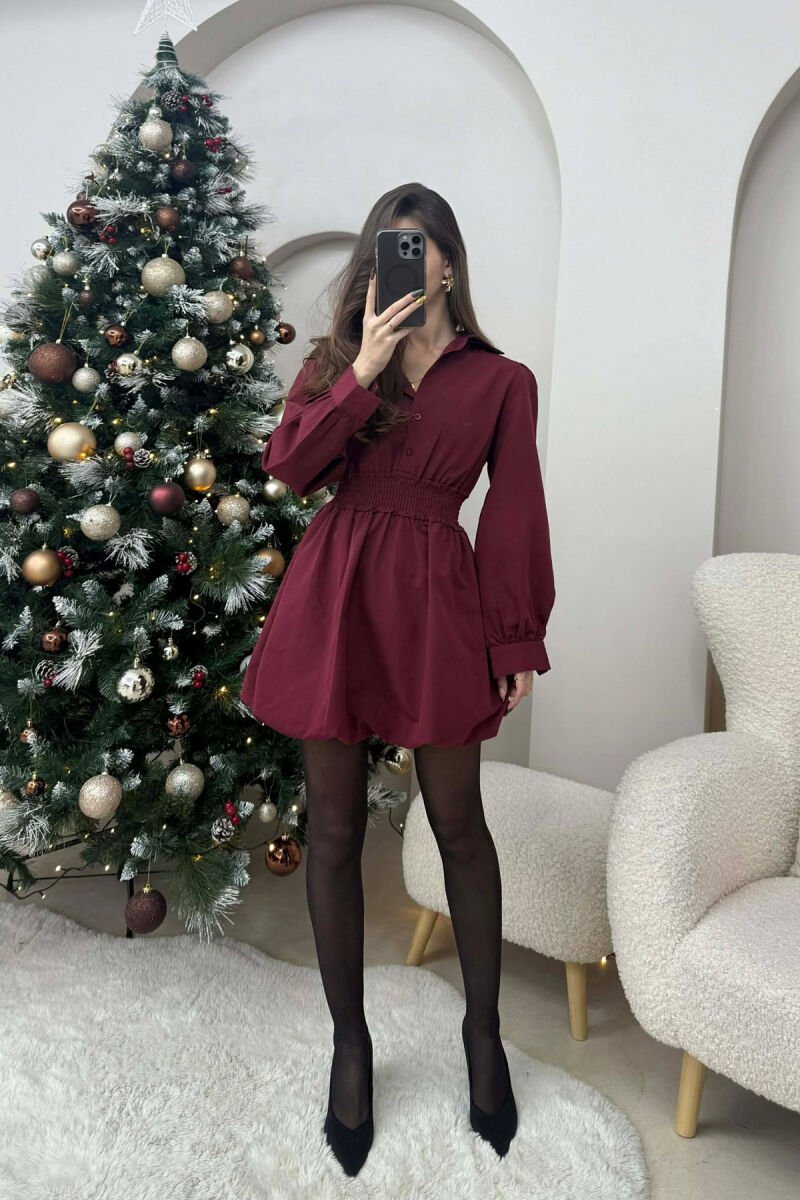 ELASTIC WAIST LONG SLEEVES SHORT WOMEN DRESS BURGUNDY/VISHNJE - 1